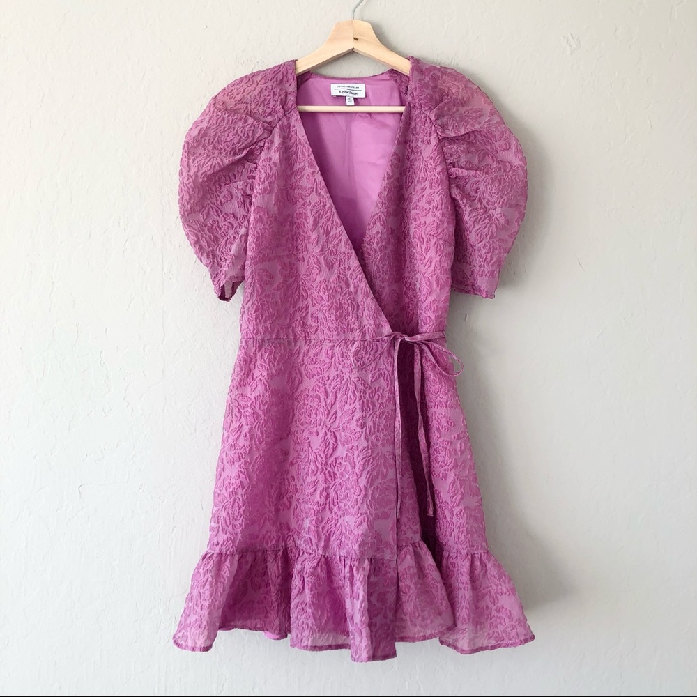 & Other Stories Puff Sleeve Ruffle Hem Brocade Wrap Mini Dress